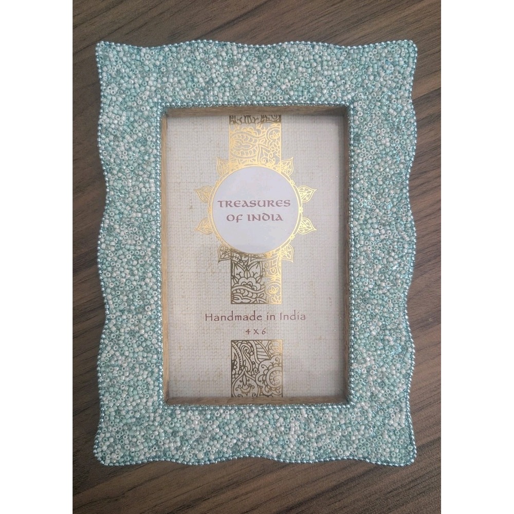 Treasures of India 4x6 Beaded Picture Frame Aqua White Handmade Boho Decor